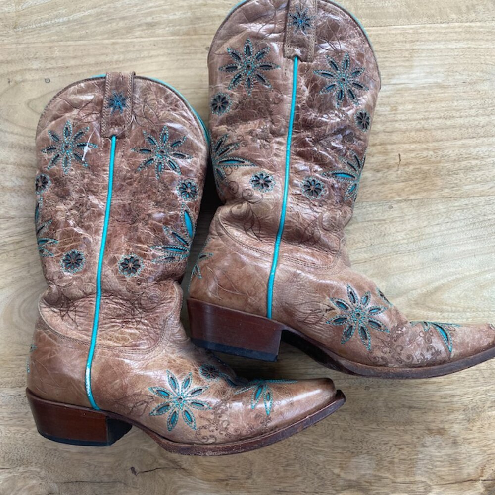 Shyanne Women’s 7 Western Cowboy Brown Boots Leather Turquoise Flower Festival